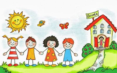 bambini sull'erba davanti a una scuola