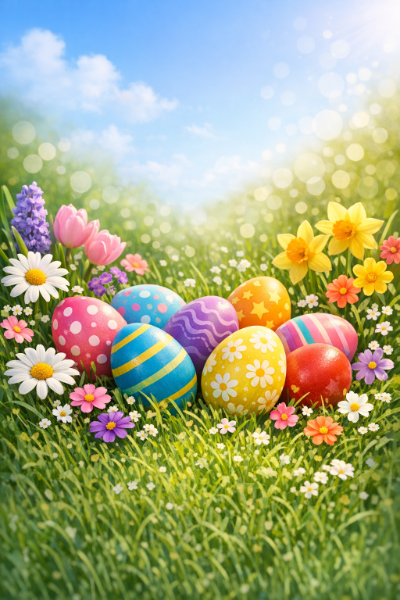 Uova di Pasqua colorate e fiori